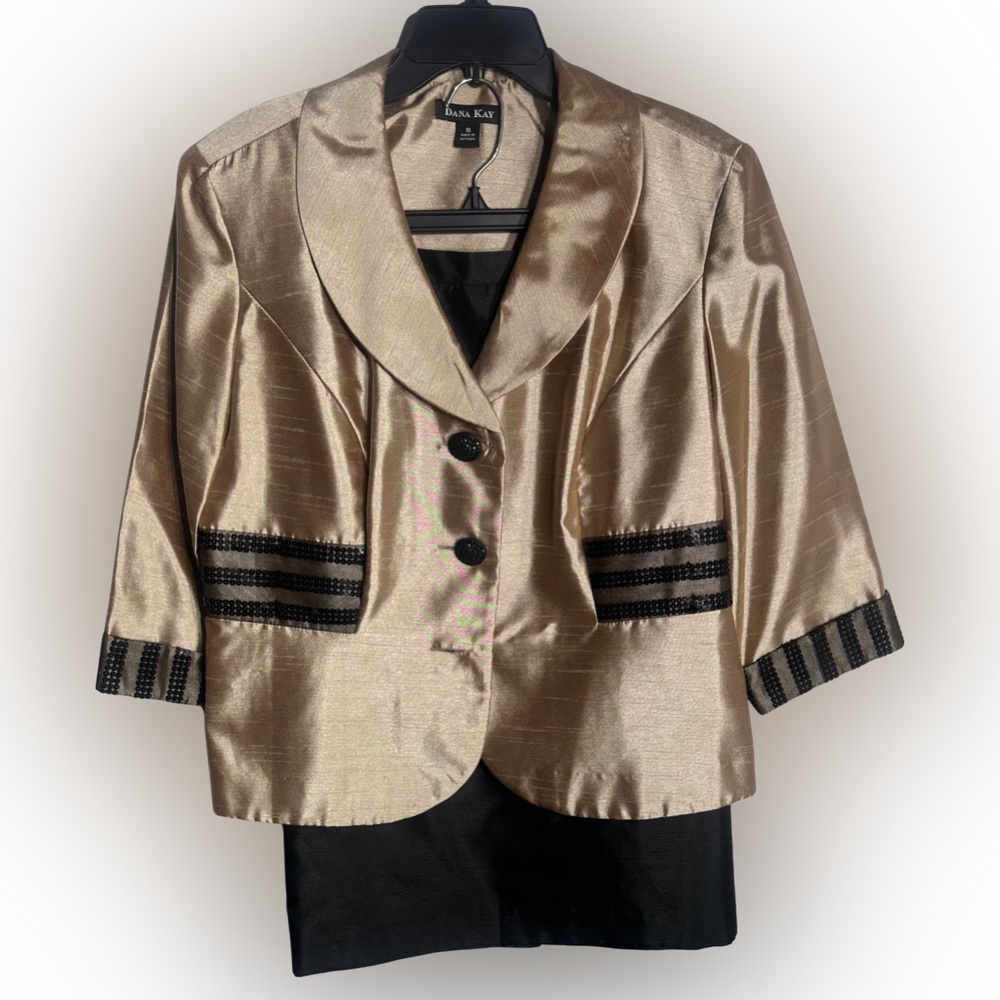 Dana Kay champagne 2pc Skirt Suit with sequin trim on the sleeves and pockets.